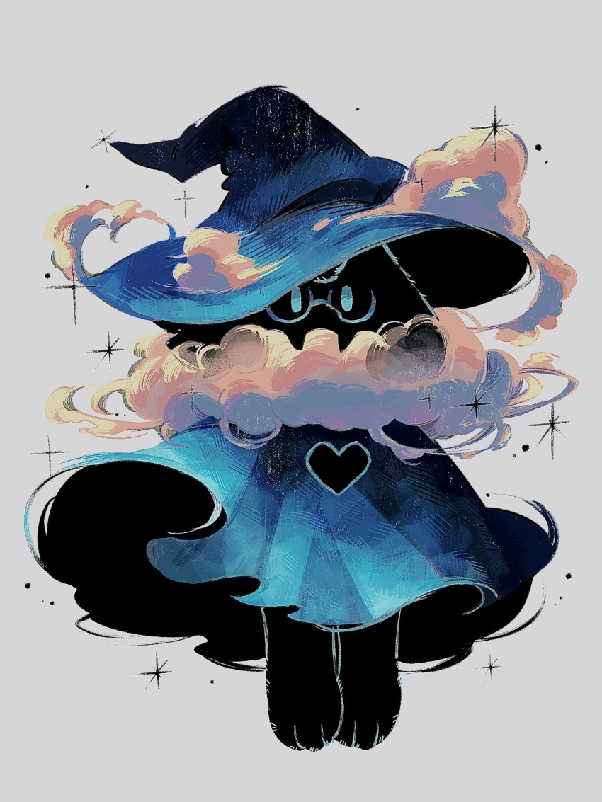 1boy blue_coat blue_headwear clouds coat deltarune fangs furry furry_male g_c_hori glasses grey_background hat heart highres male male_focus male_only ralsei simple_background solo sparkle witch_hat