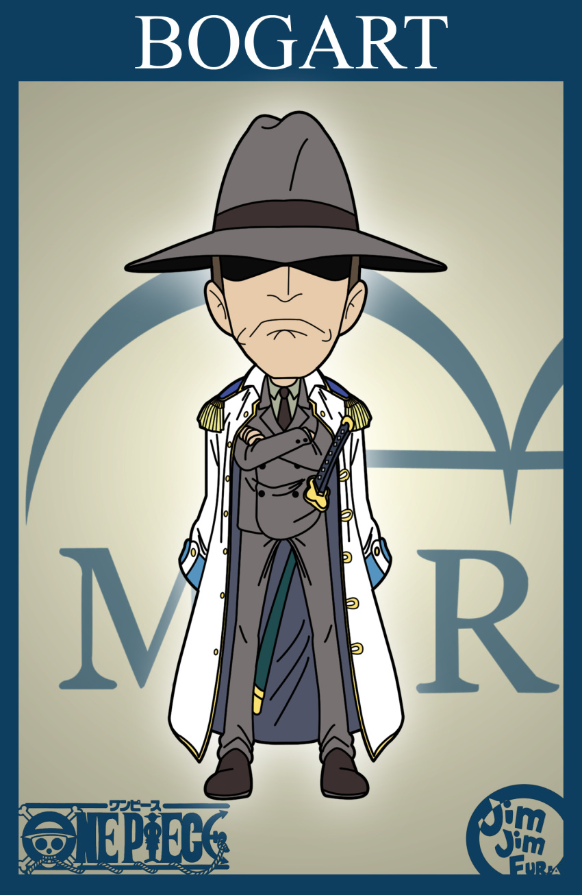 1boy artist_name black_necktie bogard_(one_piece) brown_hair character_name chibi closed_mouth coat coat_on_shoulders crossed_arms english_text epaulettes full_body hat hat_over_eyes highres jimjimfuria jolly_roger logo necktie one_piece short_hair skull_and_crossbones solo solo_focus sword weapon