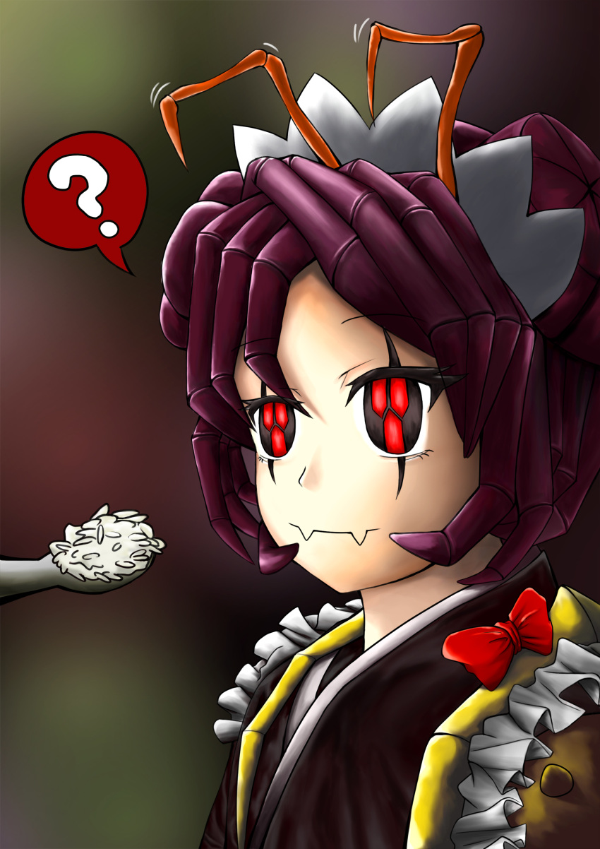 1girl ? antennae arthropod_girl brown_kimono closed_mouth commentary_request double_bun entoma_vasilissa_zeta extra_pupils fangs feeding hair_bun highres japanese_clothes kimono light_smile maid maid_headdress monster_girl motion_lines overlord_(maruyama) purple_hair red_eyes rice ringbell95 short_hair simple_background skin_fangs solo spoken_question_mark spoon upper_body you're_doing_it_wrong