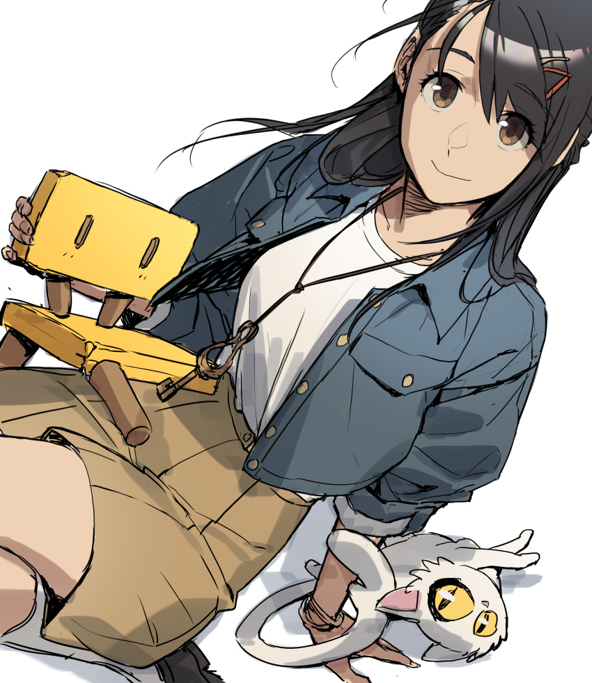 1girl absurdres arm_support black_hair blue_jacket bracelet brown_eyes brown_shorts cat closed_mouth collarbone commentary dutch_angle hair_behind_ear hair_between_eyes hair_ornament hairclip haje highres iwato_suzume jacket jewelry key long_hair looking_at_viewer munakata_souta munakata_souta_(chair) open_clothes open_jacket shirt shorts simple_background single_sidelock smile suzume's_chair suzume_no_tojimari white_background white_shirt