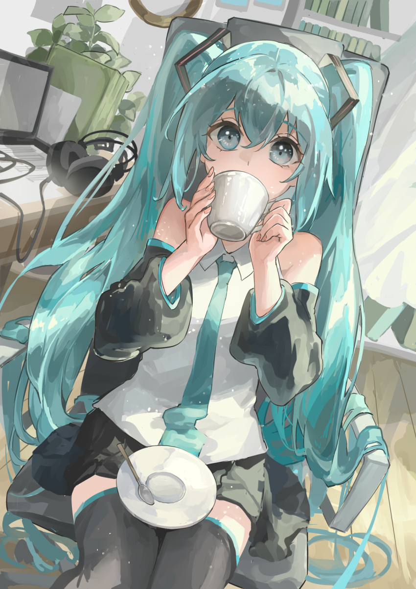 1girl aqua_eyes aqua_hair aqua_necktie bare_shoulders black_skirt black_sleeves black_thighhighs bookshelf cable chair commentary computer cowboy_shot cup detached_sleeves hair_ornament hatsune_miku headphones headphones_removed highres himukai_aoi holding holding_cup indoors long_hair looking_at_viewer miniskirt monitor necktie office_chair paper plant pleated_skirt saucer shirt sitting skirt sleeveless sleeveless_shirt solo spoon swivel_chair table teacup teaspoon thigh-highs twintails very_long_hair vocaloid white_shirt wooden_floor