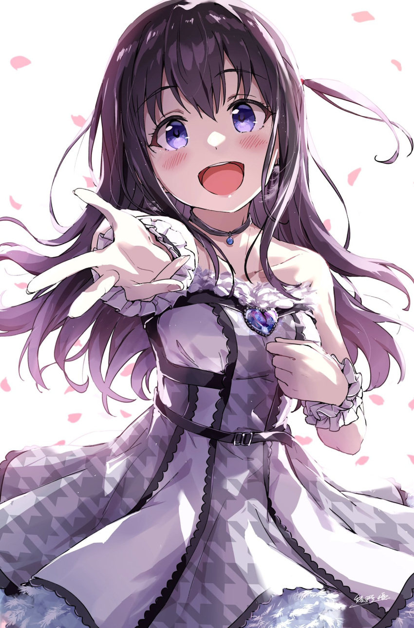 1girl :d ayano_yuu_(sonma_1426) bare_shoulders birthday black_hair blue_eyes blush breasts collarbone dress falling_petals frilled_cuffs fur-trimmed_dress fur_trim happy_birthday heart-shaped_gem highres idol idoly_pride jewelry long_hair looking_at_viewer medium_breasts nagase_mana one_side_up open_mouth pendant petals reaching reaching_towards_viewer romaji_commentary skirt sleeveless smile solo teeth upper_body upper_teeth_only violet_eyes white_dress