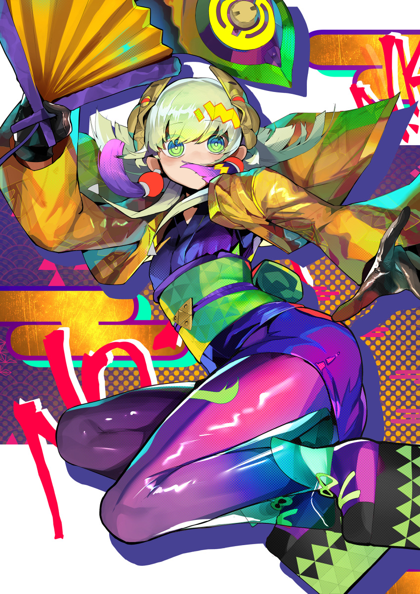 1other @_@ absurdres ambiguous_gender black_gloves duel_monster folding_fan full_body gloves green_eyes green_hair hand_fan highres holding holding_fan japanese_clothes kimono long_hair long_sleeves noh-p.u.n.k._ze_amin obi pantyhose platform_footwear ro_g_(oowack) sash shoes solo wide_sleeves yu-gi-oh!