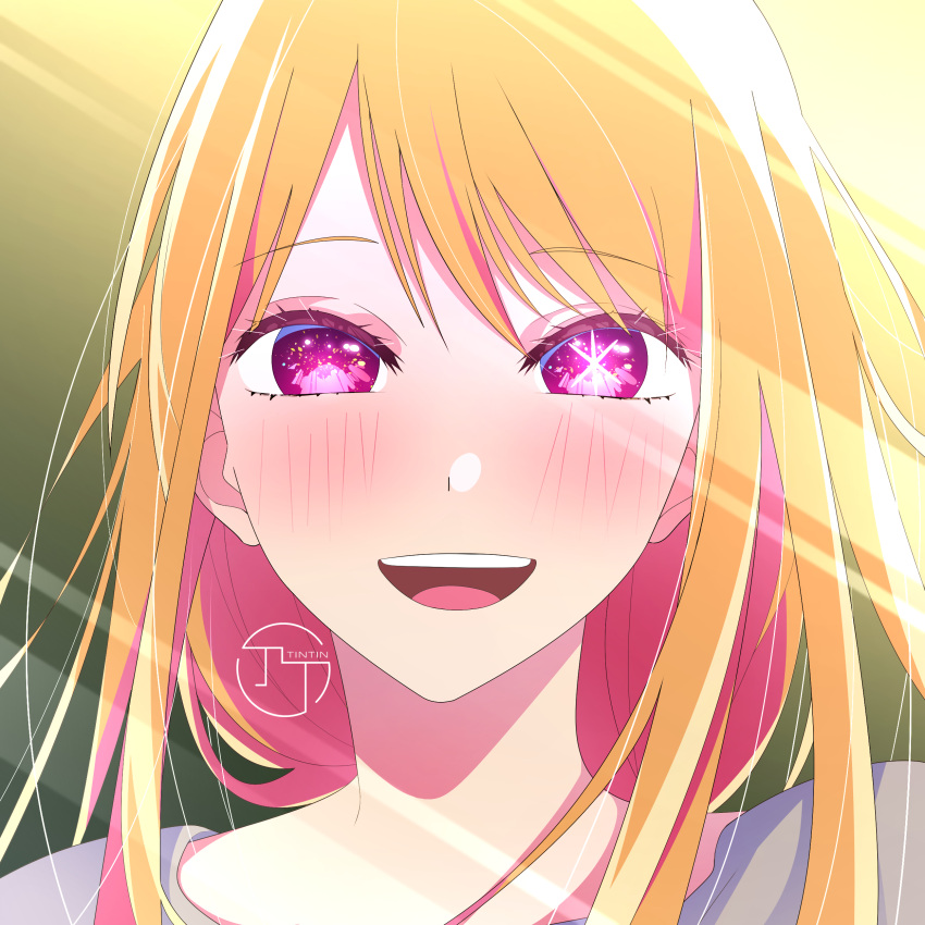 1girl :d absurdres artist_name blonde_hair blush chouchou_(austin) commentary gradient_background green_background grey_shirt hair_between_eyes highres hoshino_ruby light_rays long_hair looking_at_viewer mismatched_pupils no_pupils open_mouth oshi_no_ko portrait scene_reference shadow shirt sidelocks smile solo star-shaped_pupils star_(symbol) sunbeam sunlight symbol-shaped_pupils teeth upper_teeth_only watermark