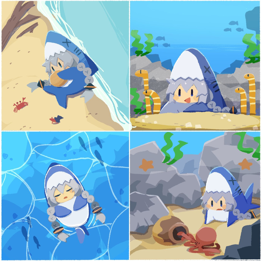 1girl afloat alternate_costume animal_costume beach beached blue_eyes blush_stickers braid caustics chibi closed_eyes collage commentary crab driftwood eating food from_above garden_eel grey_hair hermit_crab highres holding holding_food kizuna_akari konohoshi long_hair lying multiple_views ocean octopus on_side on_stomach open_mouth ripples rock sand school_of_fish seaweed shark_costume silhouette sleeping smile starfish storage_pot symbol-only_commentary twin_braids underwater v-shaped_eyebrows vocaloid voiceroid |_|