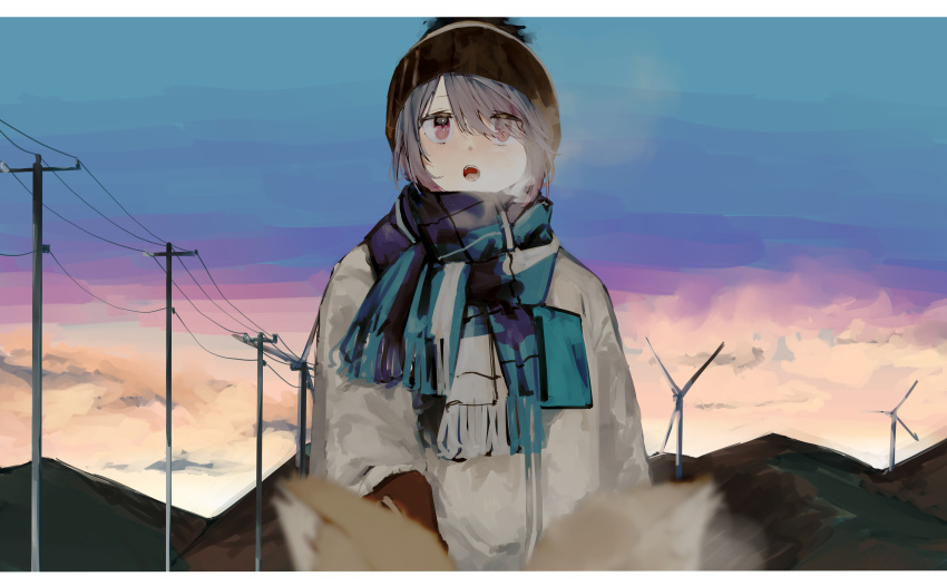 1girl absurdres beanie blue_hair blush brown_headwear hat highres jacket leadin_the_sky long_sleeves open_mouth outdoors power_lines scarf shima_rin short_hair solo upper_body utility_pole violet_eyes white_jacket yurucamp