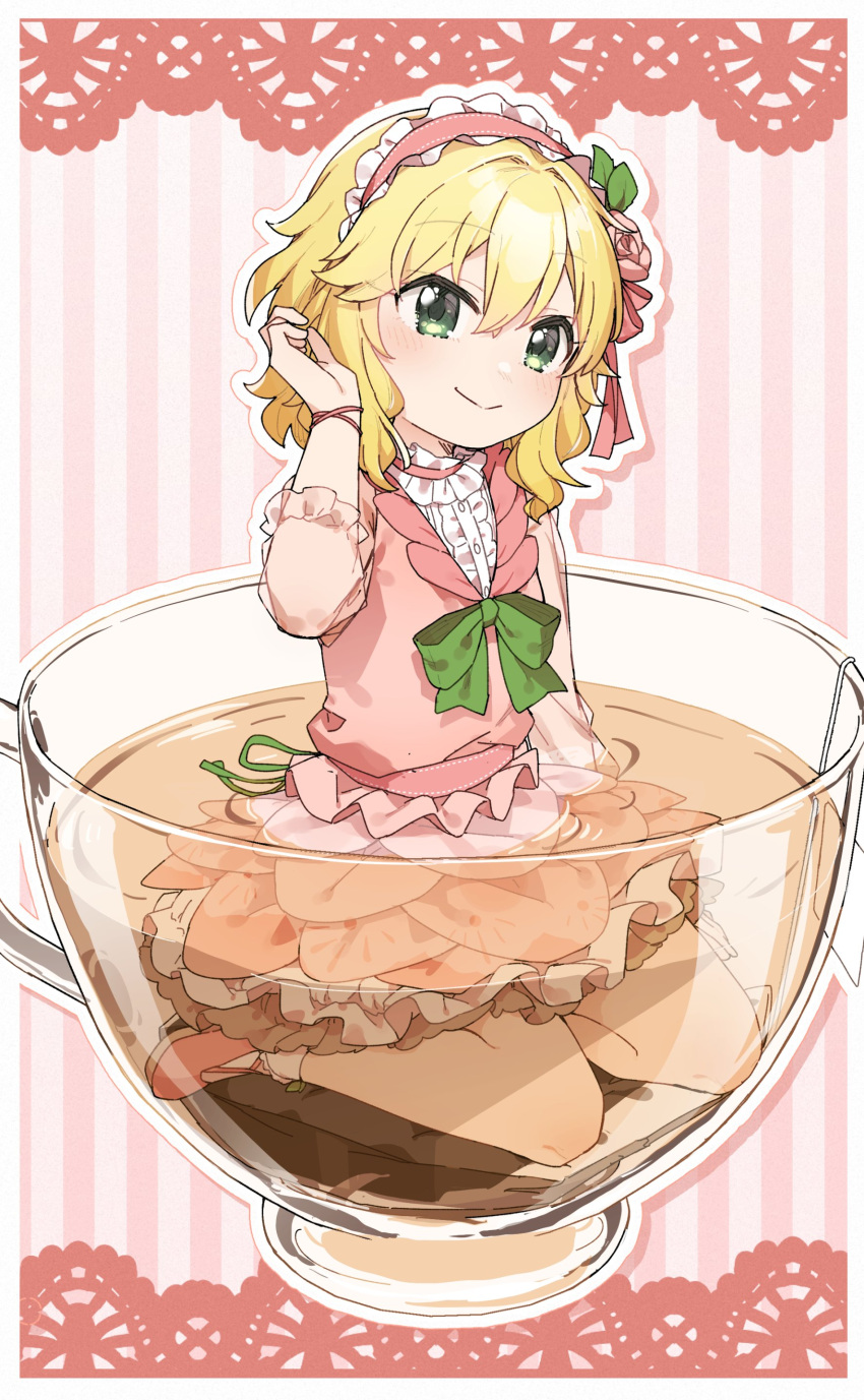1girl absurdres blonde_hair center_frills closed_mouth cup frilled_hairband frilled_skirt frills full_body green_eyes hair_between_eyes hairband highres idolmaster idolmaster_cinderella_girls in_container in_cup long_sleeves looking_at_viewer mini_person minigirl outline partially_submerged pink_footwear pink_hairband pink_skirt pink_vest sakurai_momoka see-through see-through_sleeves shirt shoes sitting skirt smile socks solo striped striped_background tea teacup vertical_stripes vest wariza white_outline white_shirt white_socks yukie_(kusaka_shi)