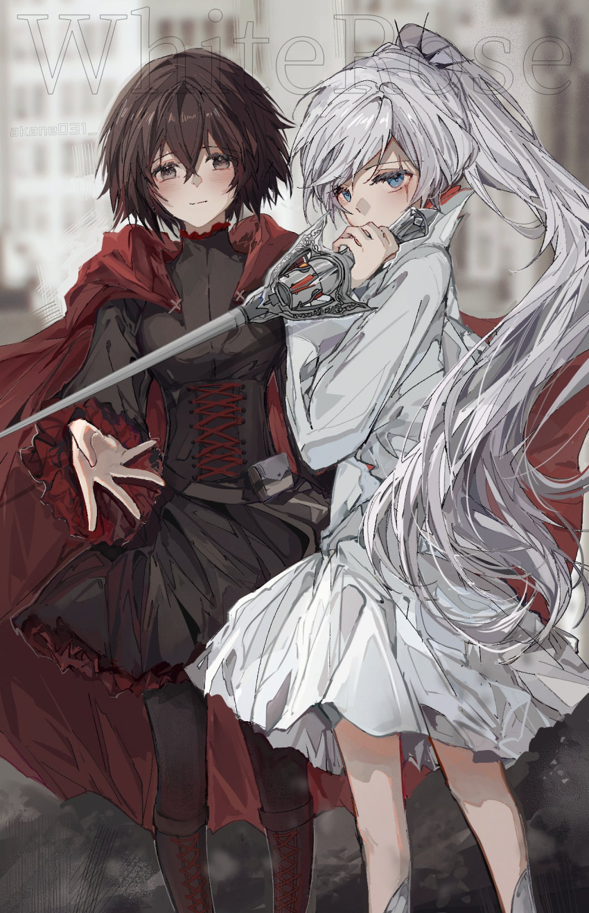 2girls akane031 black_dress black_hair blue_eyes cape dress english_text gradient_hair grey_eyes highres holding holding_sword holding_weapon long_hair multicolored_hair multiple_girls myrtenaster ponytail red_cape red_scarf redhead ruby_rose rwby scar scarf short_hair sword weapon weiss_schnee white_dress white_hair
