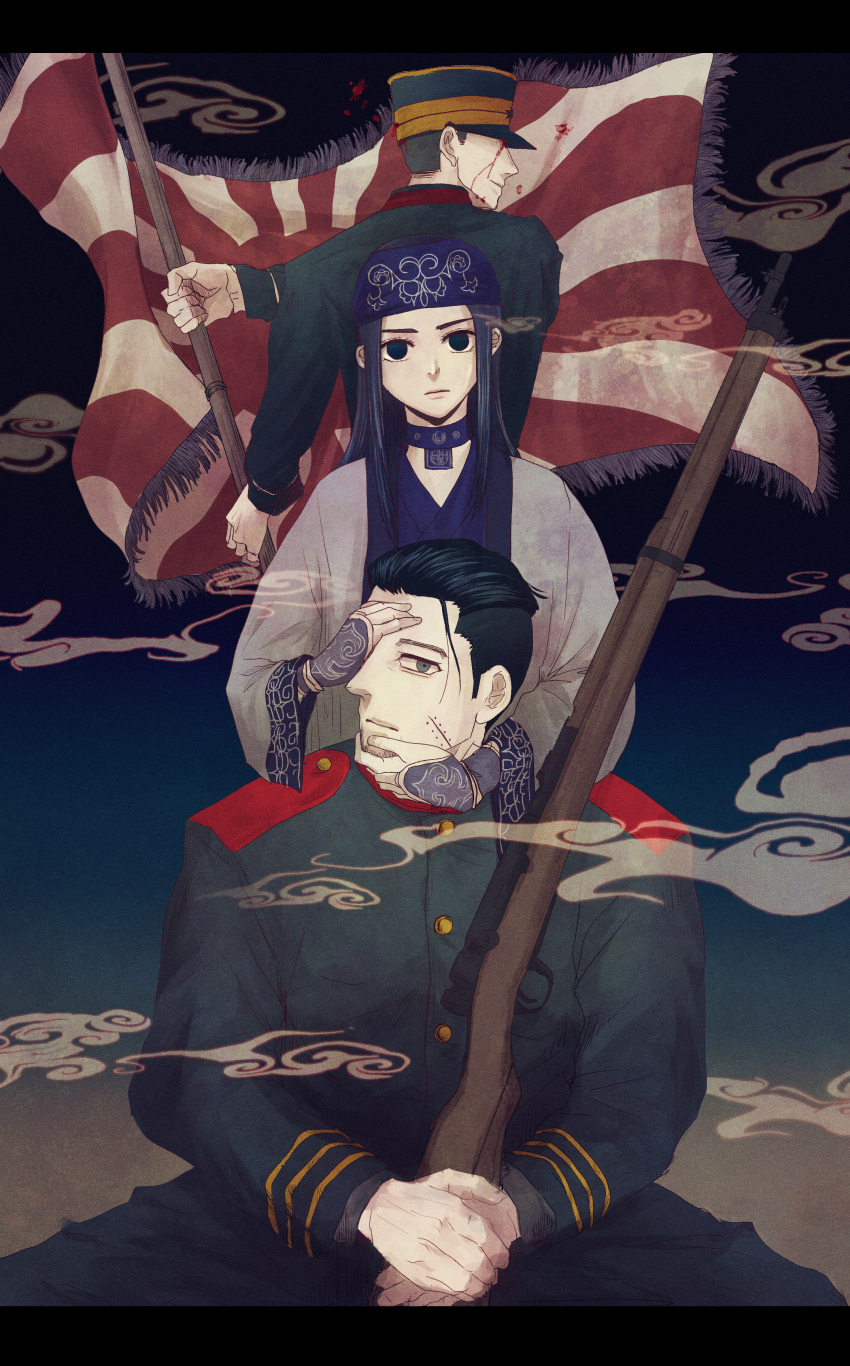 1girl 2boys absurdres ainu_clothes asirpa black_eyes blank_stare bleeding blood facial_hair facing_away flag golden_kamuy grey_eyes gun hanazawa_yusaku hand_over_another's_eye haru_gaga highres holding holding_flag imperial_japanese_army letterboxed long_sleeves looking_at_viewer military_uniform multiple_boys ogata_hyakunosuke own_hands_together scar scar_on_cheek scar_on_face stubble uniform weapon wide-sleeves