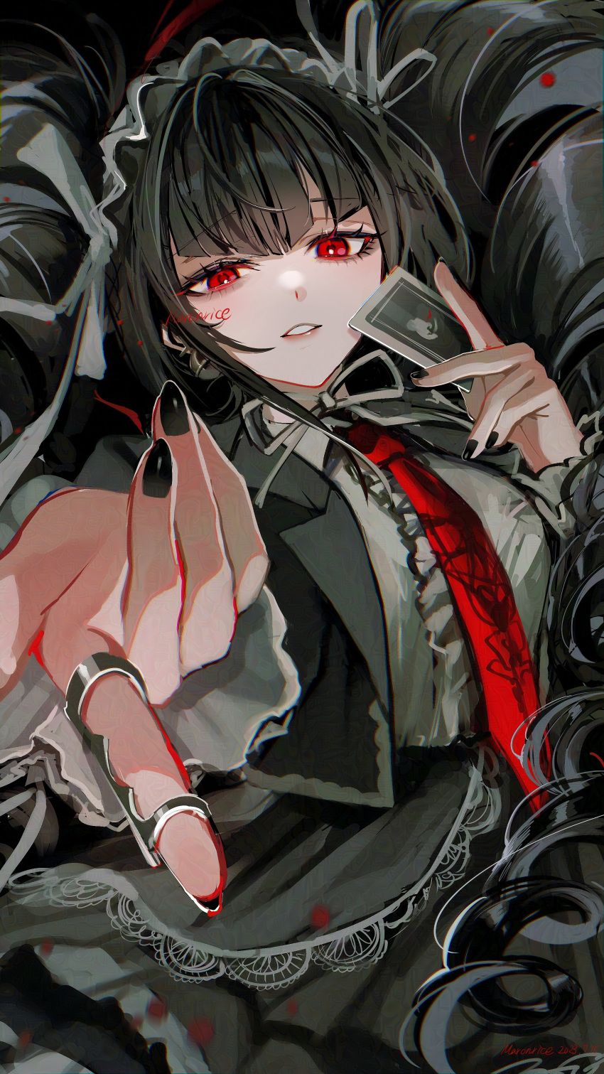 1girl absurdres black_hair black_nails bonnet card celestia_ludenberg claw_ring cowboy_shot danganronpa:_trigger_happy_havoc danganronpa_(series) drill_hair earrings frills gothic_lolita hands_up highres holding holding_card jacket jewelry lolita_fashion long_hair long_sleeves looking_at_viewer maronrice nail_polish necktie pointing pointing_at_viewer red_eyes red_necktie shirt smile solo teeth twin_drills twintails