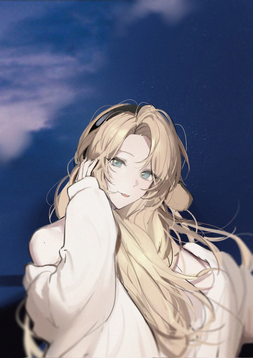 1girl animal_ears arknights black_hairband blonde_hair blue_eyes dog_ears dog_girl floppy_ears hairband highres joshua_(shisanli934) kirsten_(arknights) long_sleeves looking_at_viewer night night_sky open_mouth outdoors sky solo star_(sky) starry_sky sweater upper_body white_sweater