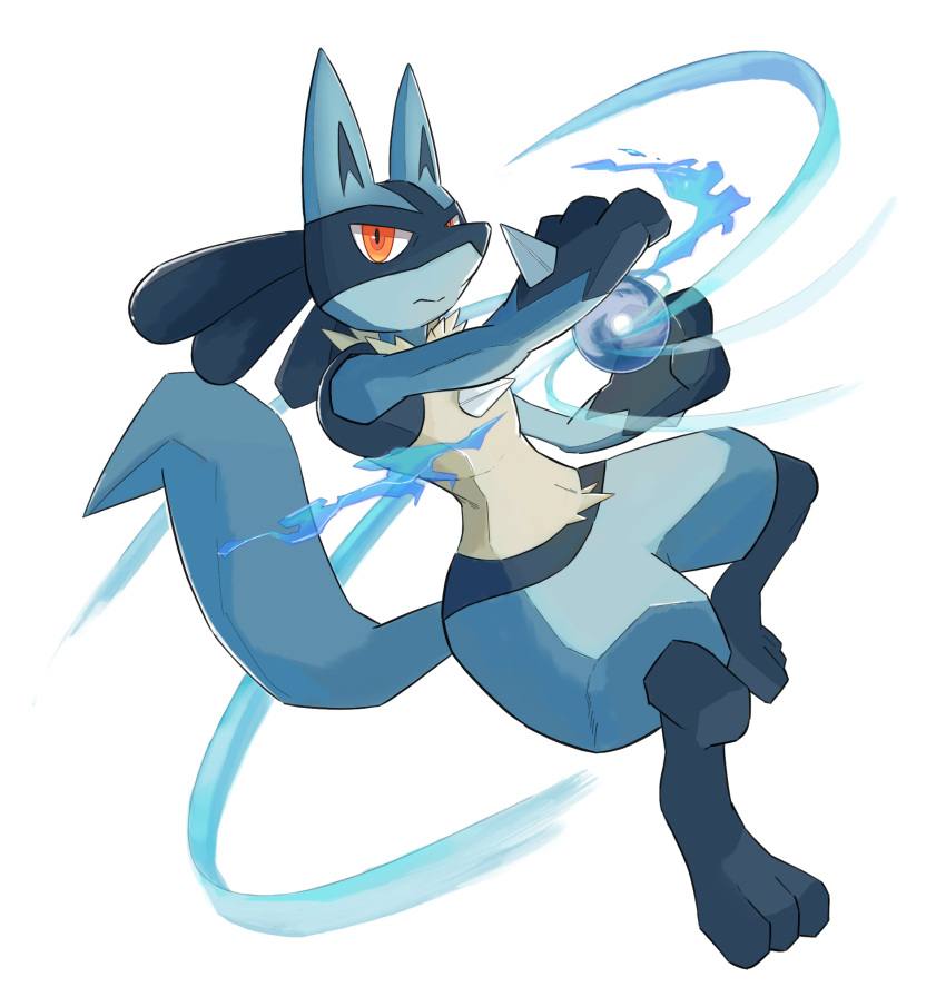 energy_ball full_body highres looking_at_viewer lucario momota_pix no_humans pokemon pokemon_(creature) red_eyes simple_background solo white_background