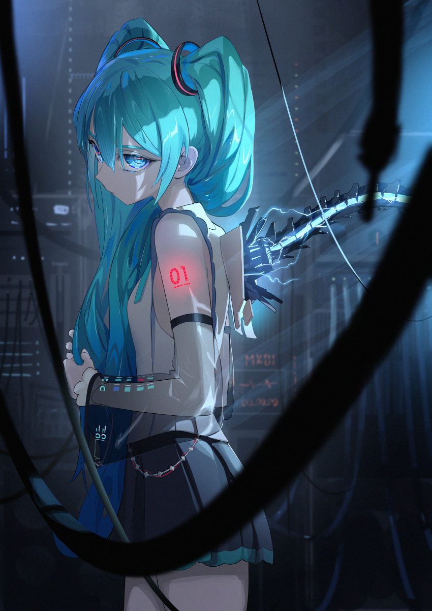 1girl absurdres android aqua_eyes aqua_hair black_skirt blurry blurry_foreground cable chain closed_mouth commentary_request cowboy_shot detached_sleeves electricity expressionless film_grain from_side glowing glowing_eyes glowing_tattoo hair_ornament hair_over_shoulder hatsune_miku hatsune_miku_(nt) head_tilt highres holding holding_hair indoors layered_sleeves looking_at_viewer looking_to_the_side number_tattoo pleated_skirt red_pupils roitz_(_roitz_) sanpaku see-through see-through_sleeves server shirt shoulder_tattoo skirt sleeveless sleeveless_shirt solo subdermal_port tattoo twintails vocaloid white_shirt white_sleeves wide_sleeves