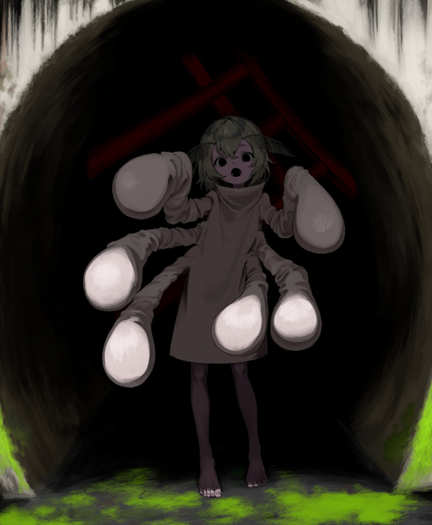 1other barefoot black_eyes commentary_request dress extra_arms grey_hair hair_between_eyes hands_up highres long_sleeves looking_at_viewer medium_hair moth_antennae open_mouth original puffy_long_sleeves puffy_sleeves shade solo straight-on toes tunnel uni_no
