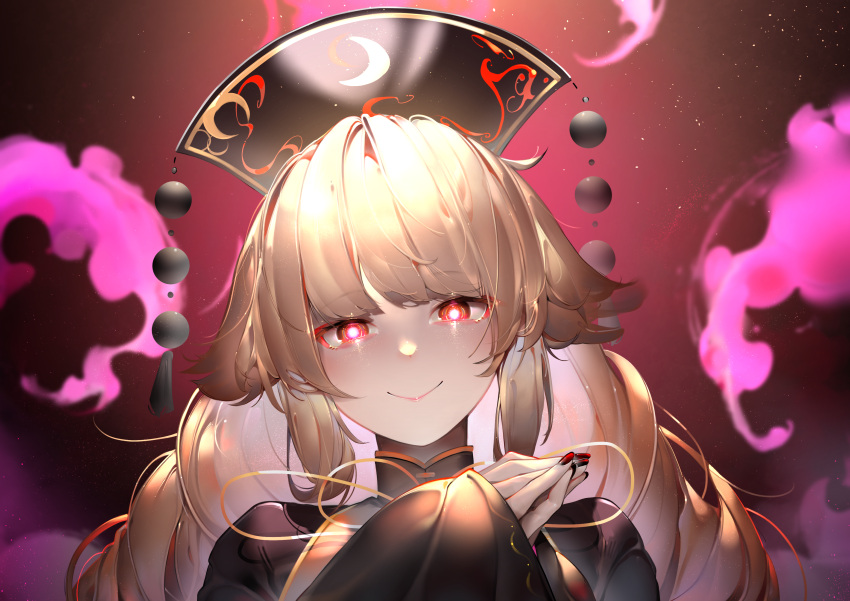 1girl absurdres black_dress black_headwear blonde_hair blush breasts brown_background chinese_clothes closed_mouth colored_inner_hair commentary_request crescent crescent_print dress energy fingernails gradient_background hands_on_own_hips hands_up hat highres junko_(touhou) large_breasts lipstick long_fingernails long_hair long_sleeves looking_at_viewer makeup mandarin_collar meoniac multicolored_hair nail_polish neck_ribbon phoenix_crown pink_background pink_hair pom_pom_(clothes) red_eyes red_nails red_tabard ribbon sidelocks smile solo tabard touhou upper_body wide_sleeves yellow_ribbon