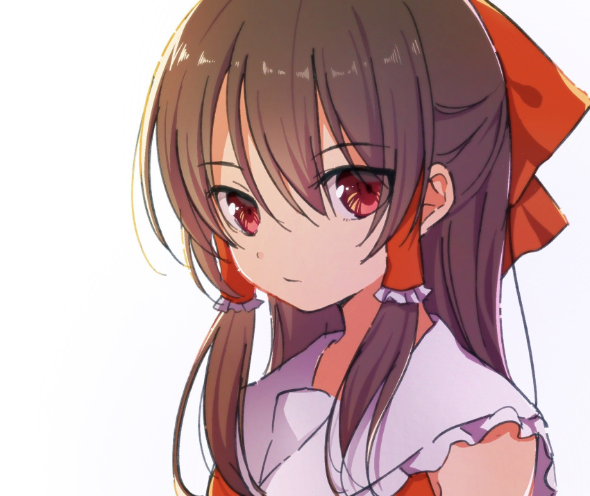 1girl bare_shoulders bow brown_hair closed_mouth commentary_request expressionless eyes_visible_through_hair frilled_bow frilled_hair_tubes frilled_shirt_collar frills hair_bow hair_tubes hakurei_reimu highres long_hair looking_at_viewer portrait red_bow red_eyes sidelighting solo touhou upper_body utako_(kuromosuki)