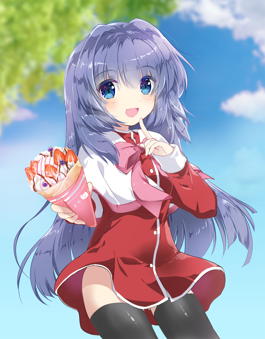 1girl :d asahina_yori black_thighhighs blue_eyes blue_hair blue_sky blurry blurry_background blush capelet colored_eyelashes commentary cowboy_shot crepe day dress eyes_visible_through_hair food hair_between_eyes hair_intakes hands_up happy highres holding holding_food index_finger_raised kanon long_hair long_sleeves looking_at_viewer minase_nayuki open_mouth outdoors reaching reaching_towards_viewer red_dress short_dress sidelocks sky smile solo standing straight-on straight_hair thigh-highs very_long_hair white_capelet zettai_ryouiki
