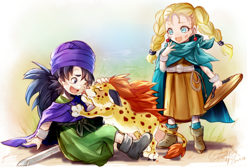 1boy 1girl aged_down belt bianca_(dq5) black_footwear black_hair blonde_hair blue_eyes borongo bracelet braid brown_footwear bruise bruise_on_face cape cloak commentary_request dated dragon_quest dragon_quest_v dress earrings female_child full_body green_cape green_cloak green_socks green_tunic happy headpat hero_(dq5) holding holding_shield injury jewelry long_hair looking_at_another low_ponytail male_child mitsunari_miyako monster one_eye_closed open_mouth orange_dress purple_cape purple_cloak purple_headwear rope_belt shield signature sitting smile socks standing sword tiger turban twin_braids twintails weapon wooden_shield
