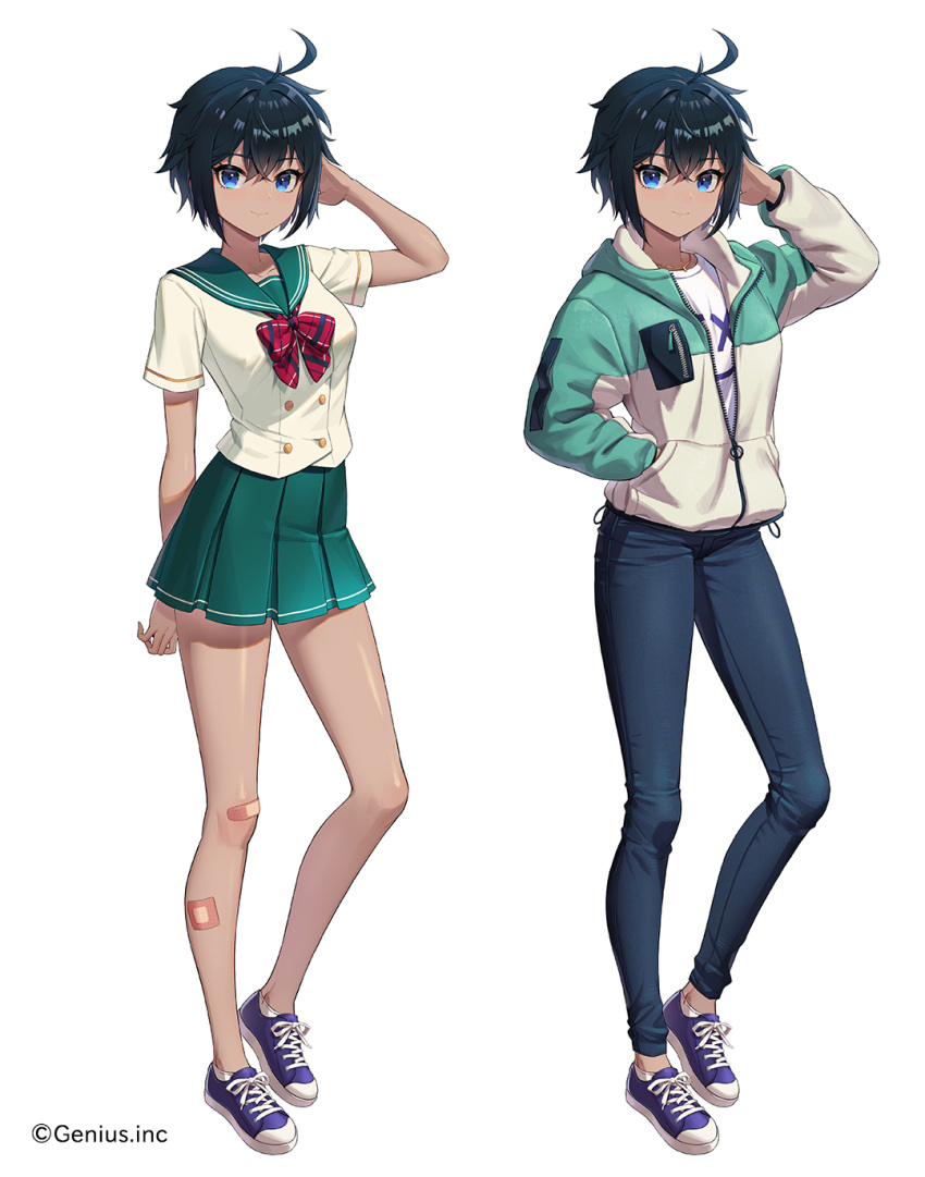 1girl ahoge anzumame armband bandaid bandaid_on_leg black_hair blue_eyes blue_footwear blue_pants bow bowtie buttons double-breasted green_sailor_collar green_skirt hair_between_eyes hand_in_own_hair highres hood hood_down hooded_jacket jacket miniskirt official_art original pants partially_unzipped plaid plaid_bow plaid_bowtie pleated_skirt red_bow red_bowtie sailor_collar school_uniform serafuku shirt shoes short_sleeves sidelocks simple_background skirt sneakers tomboy variations white_background white_shirt
