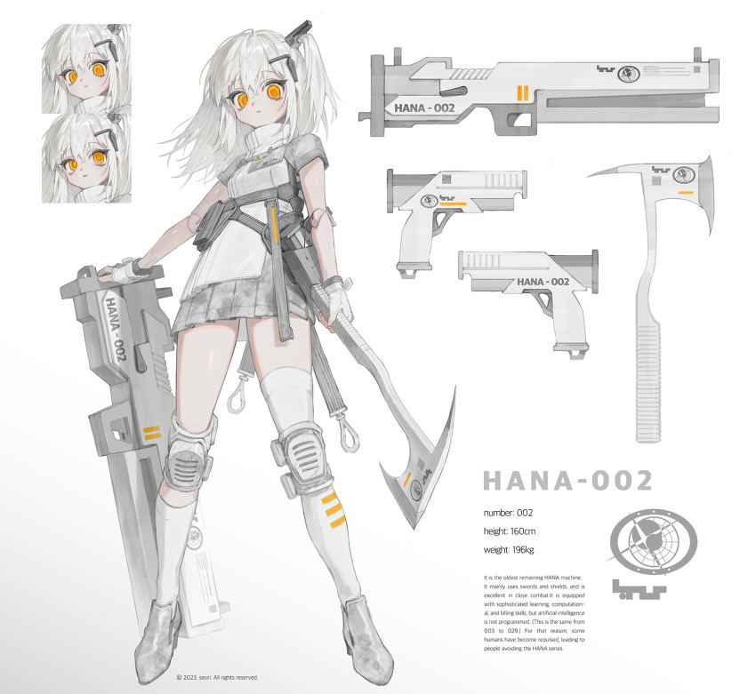 armor assault_rifle asymmetrical_legwear axe breasts character_name character_profile chest_harness concept_art english_text expressions frost_fog full_body gloves grey_hair grey_skirt gun hair_between_eyes hair_ornament hairclip handgun harness high_heels highres holding holding_axe knee_pads legs_apart long_hair miniskirt orange_eyes original pleated_skirt reference_sheet rifle ringed_eyes science_fiction shirt shoulder_armor side_ponytail sidelocks single_sock single_thighhigh skirt sleeveless sleeveless_shirt small_breasts socks tactical_clothes thigh-highs tomahawk turtleneck weapon white_footwear white_gloves white_shirt white_socks white_thighhighs