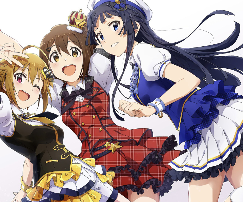 3girls :d ahoge arms_up ayano_yuu_(sonma_1426) beret black_bow black_bowtie black_hair black_necktie black_vest blonde_hair blue_eyes blue_shirt bow bowtie brown_hair buttons center_frills collared_shirt crown double-breasted dutch_angle frilled_shirt frills grin hair_between_eyes hand_up hat highres ibuki_tsubasa idol idol_clothes idolmaster idolmaster_million_live! kasuga_mirai layered_skirt long_hair looking_at_viewer mini_crown mogami_shizuka multiple_girls necktie one_eye_closed open_mouth outstretched_arms petticoat pleated_skirt puffy_short_sleeves puffy_sleeves raised_eyebrows red_eyes red_skirt red_vest shirt short_hair short_sleeves sidelocks simple_background skirt smile straight_hair teeth upper_teeth_only v vest white_background white_headwear white_shirt white_skirt yellow_eyes