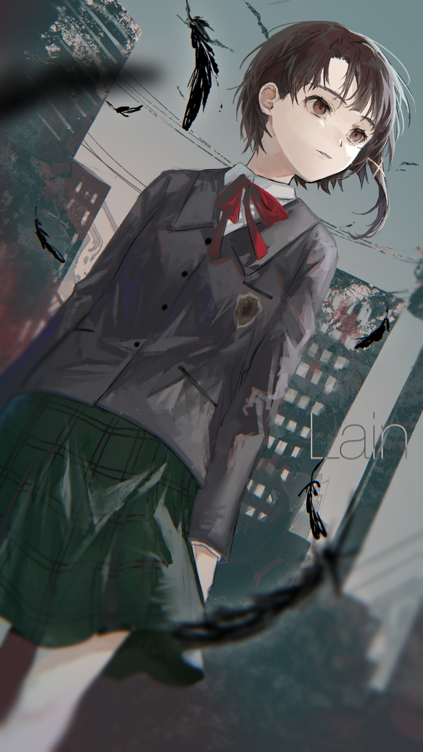 1girl arms_at_sides black_feathers blazer blurry blurry_foreground bow bowtie breasts brown_eyes brown_hair building character_name city closed_mouth commentary depth_of_field dress_shirt dutch_angle expressionless falling_feathers feathers floating_hair green_skirt grey_jacket grey_sky hair_ornament hair_strand highres iwakura_lain jacket long_sleeves looking_afar looking_to_the_side messy_hair outdoors overcast parted_lips pd_ta1 plaid plaid_skirt power_lines red_bow red_bowtie red_ribbon ribbon school_uniform serial_experiments_lain shirt short_hair single_sidelock skirt sky skyscraper small_breasts solo standing utility_pole very_short_hair white_shirt wind x_hair_ornament