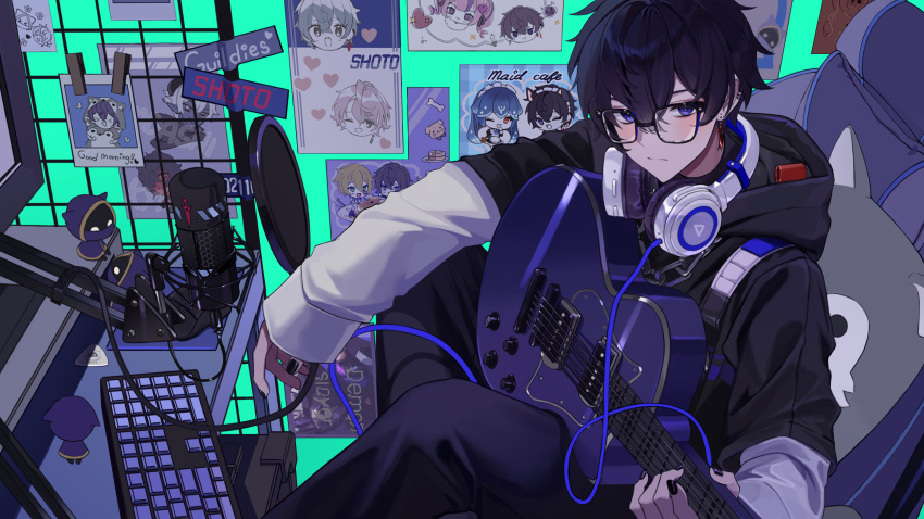1boy audio_jack black-framed_eyewear black_hair black_jacket black_nails blue_eyes chair desk earrings electric_guitar eumi_114 gaming_chair glasses guitar hair_between_eyes headphones headphones_around_neck highres holding holding_instrument hood hood_down hooded_jacket indie_virtual_youtuber instrument jacket jewelry keyboard_(computer) knee_up long_sleeves looking_at_viewer male_focus microphone monitor nail_polish overdose_(natori) pillow polaroid pop_filter poster_(object) short_hair shoto_(vtuber) sidelocks sign sitting solo studio_microphone swivel_chair virtual_youtuber