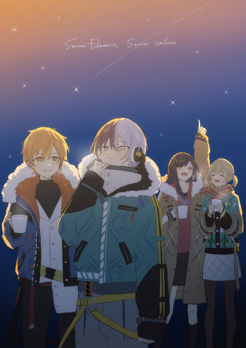 2boys 2girls absurdres aoyagi_touya arm_at_side arm_up azusawa_kohane black_hair black_sweater blonde_hair blue_hair buttons closed_eyes closed_mouth coat commentary_request cup dark_blue_hair earmuffs fur_trim hand_up highres holding holding_cup index_finger_raised jacket jishio kneehighs light_blue_hair light_brown_hair long_hair long_sleeves looking_at_another looking_up multicolored_hair multiple_boys multiple_girls night official_alternate_costume open_clothes open_coat open_jacket open_mouth orange_hair pointing pointing_up project_sekai same_dreams_same_colors_(project_sekai) scarf shinonome_akito shiraishi_an short_hair short_twintails socks split-color_hair steam streaked_hair sweater teeth turtleneck turtleneck_sweater twintails two-tone_hair vivid_bad_squad_(project_sekai) zipper_pull_tab