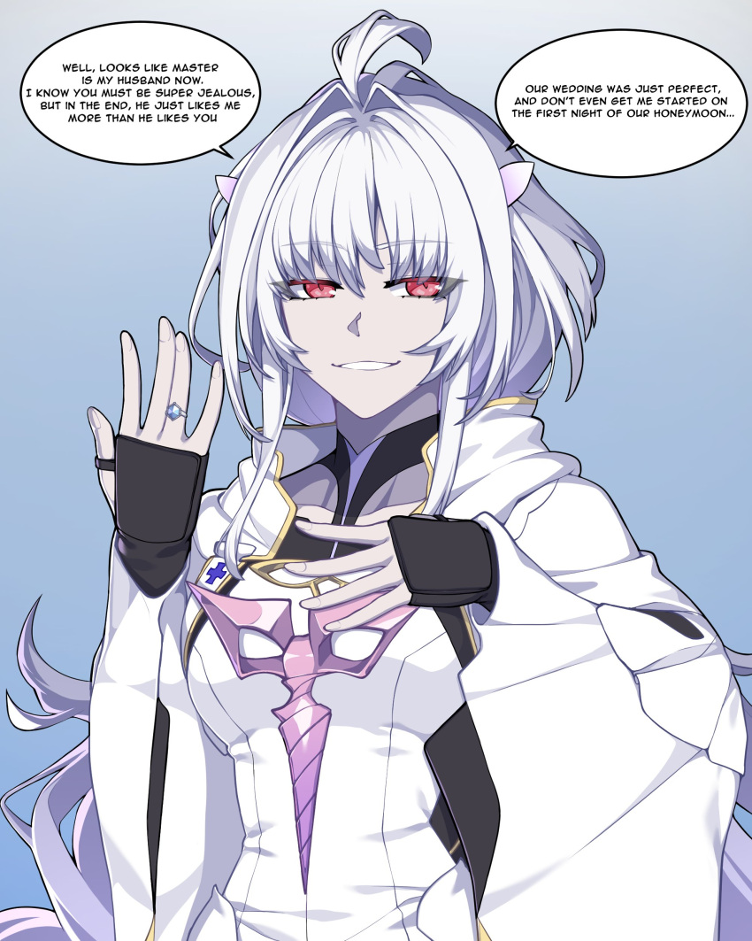 absurdres ahoge breasts fate/prototype fate_(series) fingerless_gloves fingernails gloves hand_over_heart highres hyperbudd jewelry medium_breasts merlin_(fate/prototype) red_eyes ring smile wedding_ring white_hair