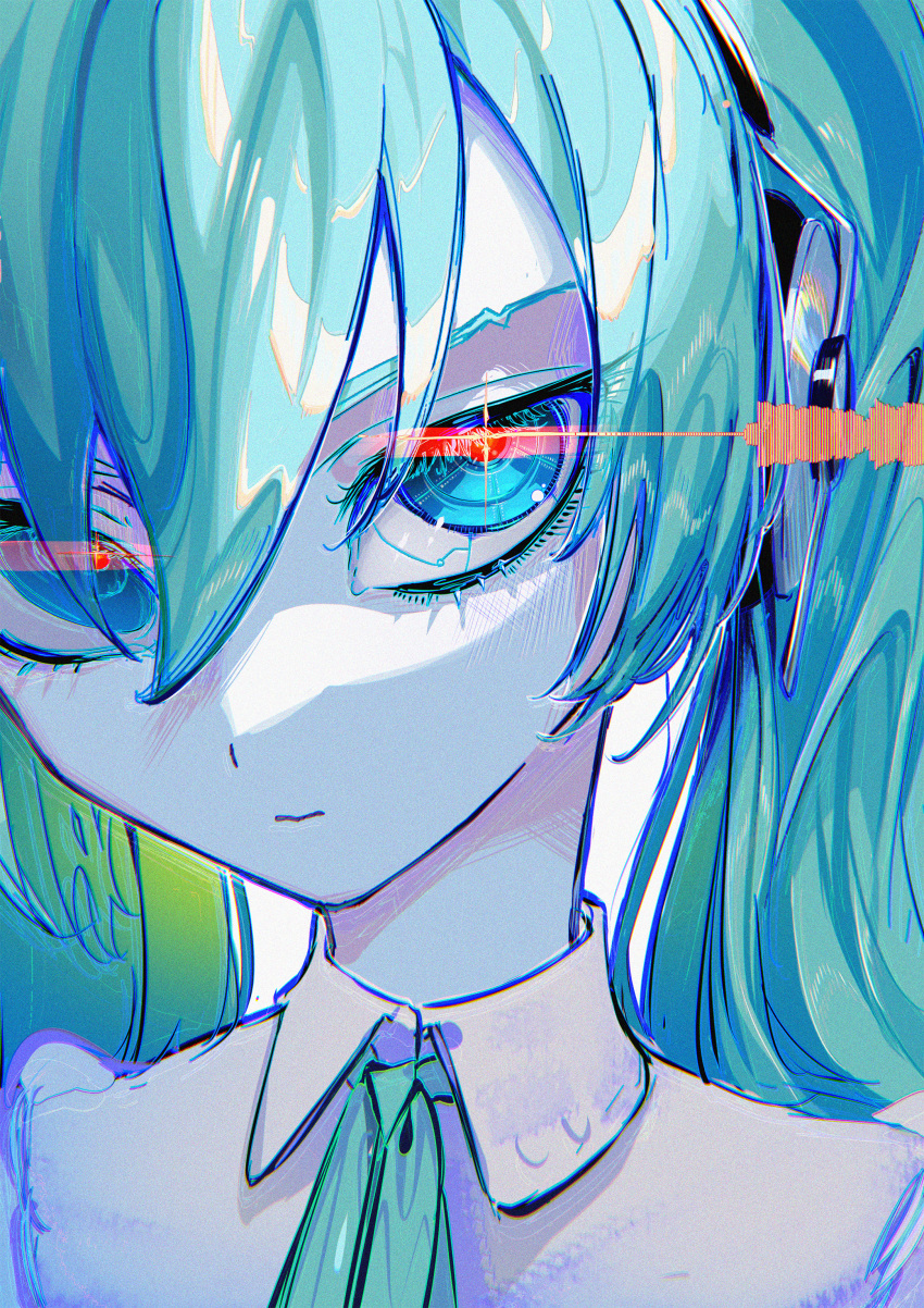 1girl absurdres android aqua_eyes aqua_hair aqua_ribbon artificial_eye audio_visualizer closed_mouth collared_shirt colored_skin commentary_request expressionless glowing glowing_eyes gradient_hair green_hair hair_between_eyes hair_over_one_eye hatsune_miku hatsune_miku_(nt) head_tilt headphones highres lens_flare long_hair looking_at_viewer mechanical_eye multicolored_hair neck_ribbon piapro portrait ribbon roitz_(_roitz_) sanpaku shirt simple_background solo twintails vocaloid white_background white_shirt white_skin