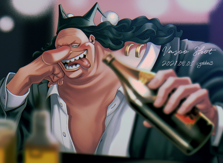 1boy 2021 big_nose black_hair black_headwear blush bottle colored_skin facial_mark grin hand_on_own_cheek hand_on_own_face hat holding holding_bottle jester_cap long_hair male_focus one_piece open_mouth pink_skin smile solo teeth tongue tongue_out vasco_shot youkan_(tako)