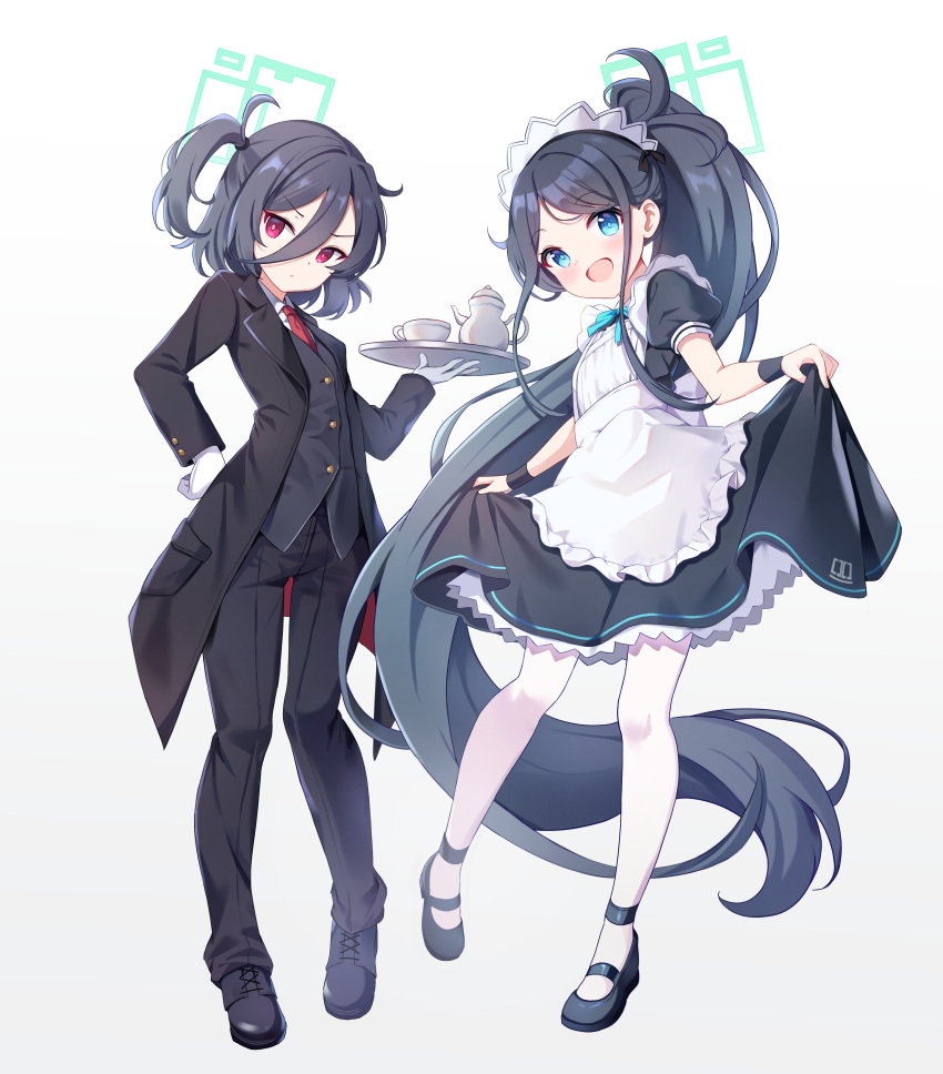 &lt;key&gt;_(blue_archive) 2girls :d absurdres alternate_costume alternate_hairstyle apron aris_(blue_archive) aris_(maid)_(blue_archive) black_dress black_hair black_jacket black_pants black_suit blue_archive blue_bow blue_bowtie blue_eyes blush bow bowtie breasts butler cup dress dual_persona expressionless female_butler frilled_apron frilled_dress frills full_body gloves hair_between_eyes halo hand_on_own_hip hand_up hanen_(borry) happy highres holding holding_tray jacket leg_up long_hair looking_at_viewer maid_apron maid_headdress medium_hair multiple_girls necktie official_alternate_costume pants pantyhose ponytail red_eyes red_necktie shirt short_sleeves side_ponytail skirt_hold small_breasts smile standing standing_on_one_leg staring suit teacup tray very_long_hair white_apron white_gloves white_shirt wristband
