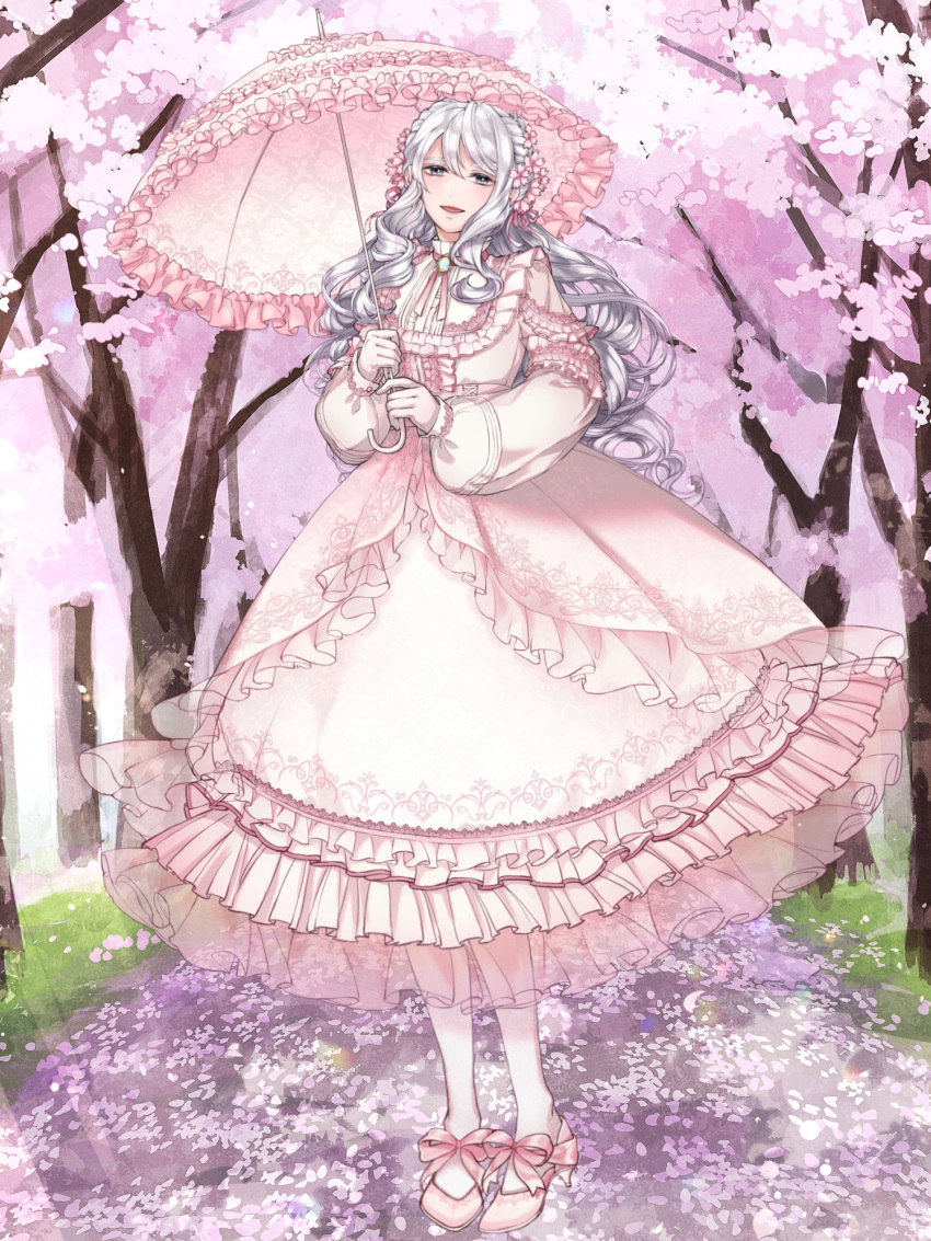 1girl brooch caroline_black cherry_blossoms dairoku_ryouhei dress flower frilled_dress frills grey_eyes grey_hair hair_flower hair_ornament high_heels highres jewelry lolita_fashion long_hair long_sleeves looking_at_viewer open_mouth pantyhose parasol pink_dress pink_footwear pink_umbrella puffy_long_sleeves puffy_sleeves saeji_(tw) solo standing sweet_lolita two-tone_dress umbrella very_long_hair wavy_hair white_dress white_pantyhose