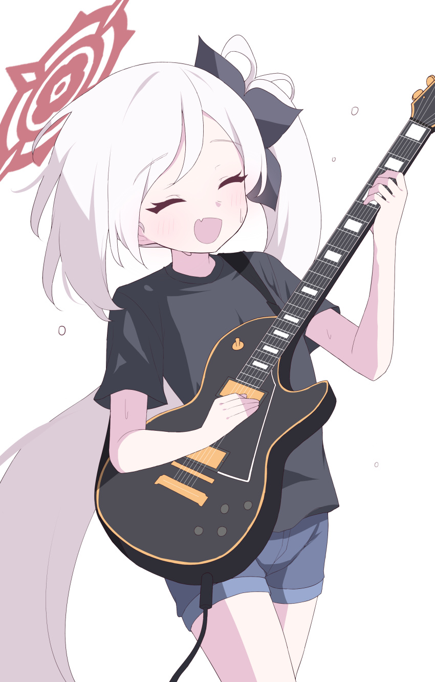 1girl :d absurdres black_shirt blue_archive blue_shorts blush closed_eyes cowboy_shot facing_viewer fang floating_hair forehead guitar hagoonha halo highres holding holding_instrument instrument legs_together long_hair music mutsuki_(blue_archive) open_mouth parted_bangs playing_instrument raised_eyebrows shirt short_shorts short_sleeves shorts side_ponytail sidelocks simple_background skin_fang smile solo sweatdrop t-shirt very_long_hair white_background white_hair