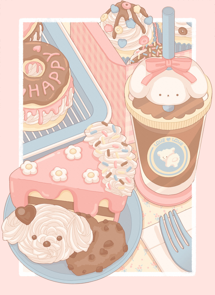 absurdres animal-themed_food border cake cake_slice coffee commentary cookie cupcake doughnut english_commentary english_text food food_focus fork highres iced_coffee icing napkin nekomaru0817 no_humans original pastel_colors picnic_basket pink_background plate scenery simple_background sprinkles sweets tray