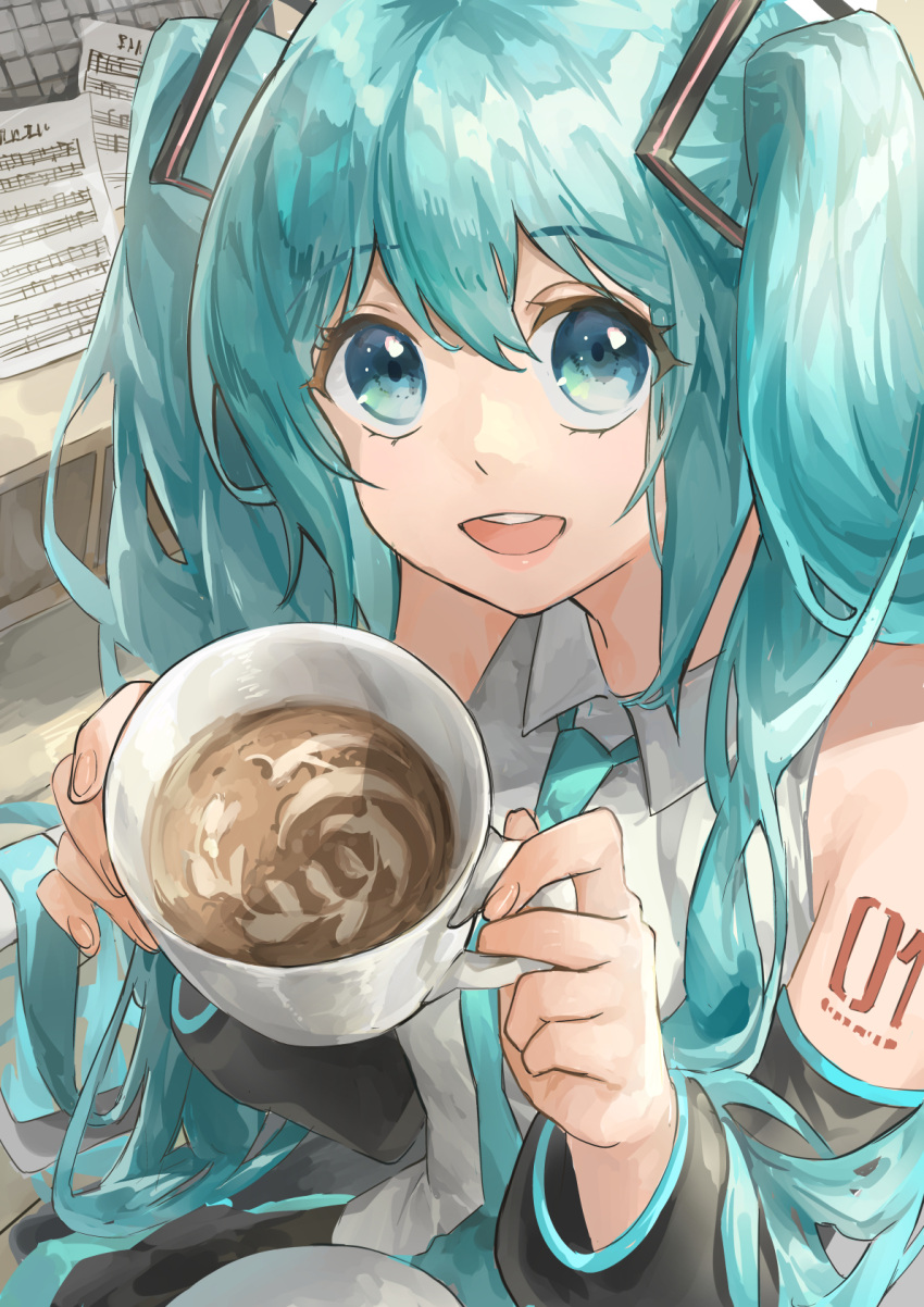 1girl aqua_eyes aqua_hair bare_shoulders beamed_eighth_notes black_sleeves coffee commentary cup detached_sleeves foreshortening from_above hair_ornament hatsune_miku highres himukai_aoi holding holding_cup keyboard_(computer) latte_art lips long_hair looking_at_viewer musical_note necktie open_mouth quarter_note sheet_music shirt shoulder_tattoo sleeveless sleeveless_shirt smile solo tattoo teacup teeth twintails upper_teeth_only variant_set very_long_hair vocaloid white_shirt