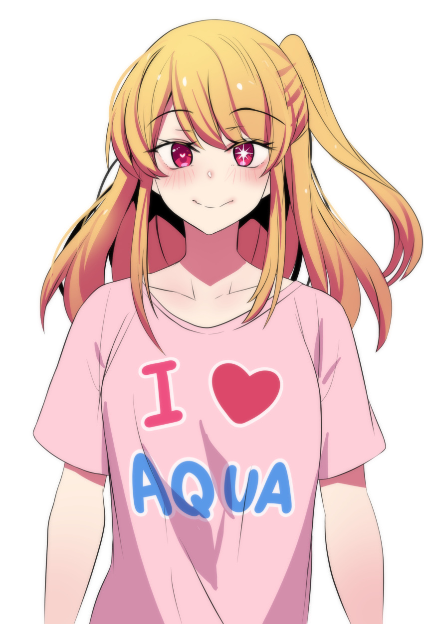 1girl absurdres blonde_hair blush breasts clothes_writing collarbone commentary english_text heart heart-shaped_pupils highres hinghoi hoshino_ruby long_hair looking_at_viewer mismatched_pupils one_side_up oshi_no_ko pink_shirt shirt short_sleeves smile solo star-shaped_pupils star_(symbol) symbol-shaped_pupils upper_body white_background