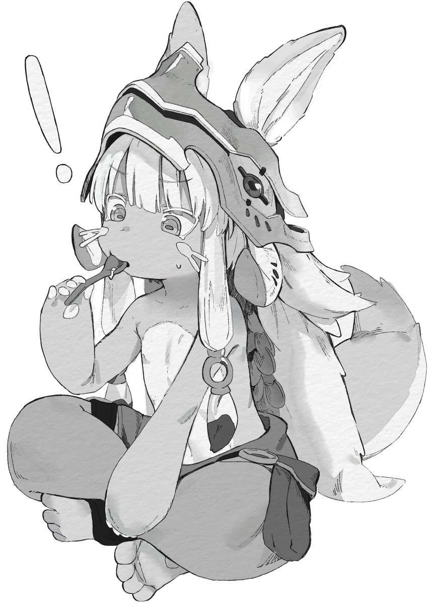 ! 1girl 1other absurdres animal_ears furry greyscale helmet highres holding holding_spoon horizontal_pupils jiryu50610218 long_hair made_in_abyss monochrome nanachi_(made_in_abyss) other_focus simple_background sitting solo spoon sweat tail whiskers