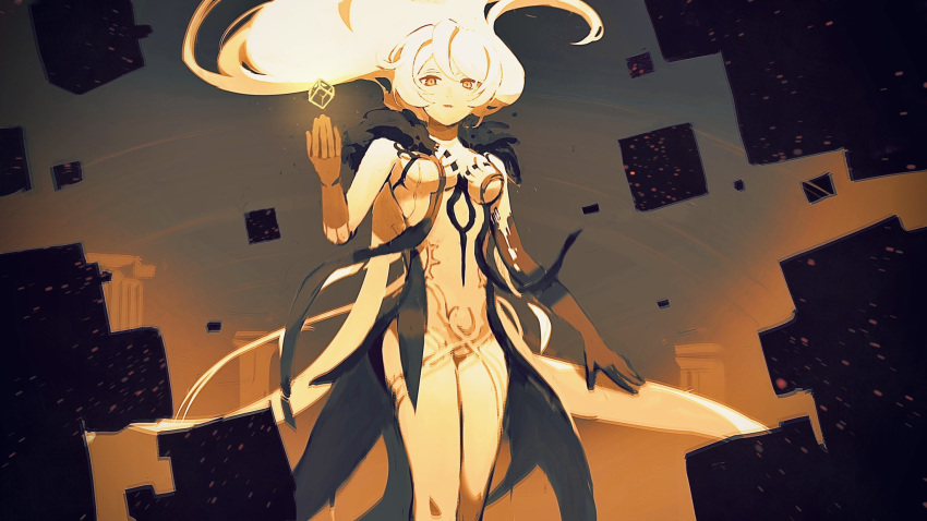 1girl bare_legs bare_shoulders cube floating floating_object genshin_impact hair_between_eyes hair_flowing_over hand_up highres holding looking_at_viewer n.s.egg orange_background orange_eyes solo unknown_god_(genshin_impact) white_hair