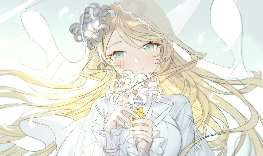 1girl backlighting blonde_hair bouquet breasts cleavage_cutout closed_mouth clothing_cutout colorful_festival_(project_sekai) cross-laced_clothes curtains eyelashes feathers fingernails floating_hair flower frilled_sleeves frills green_eyes hair_flower hair_ornament hands_up highres holding holding_bouquet kagamine_rin lace_trim large_breasts light_blush lily_(flower) limited_palette long_eyelashes long_hair long_sleeves looking_at_viewer mona0101 official_alternate_costume official_alternate_hair_length official_alternate_hairstyle project_sekai ribbon shirt sidelocks sleeves_past_wrists smile solo swept_bangs tsurime veil very_long_hair vocaloid white_feathers white_flower white_shirt white_theme yellow_ribbon yellow_theme