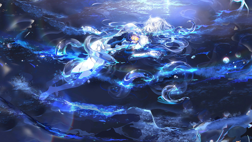 1boy absurdres bishounen boli_youyu broken glass glowing_heart grey_eyes grey_hair heart highres long_hair looking_at_viewer lying male_focus outdoors partially_submerged partially_underwater_shot smile solo squid the_tale_of_food water waves wavy_hair white_hair