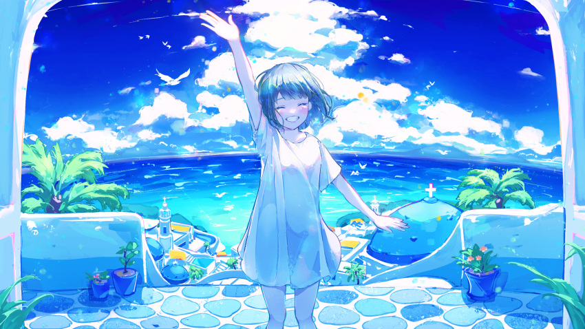 1girl :d arch arm_at_side arm_up black_hair blue_sky blue_theme blush closed_eyes clouds cloudy_sky cross cumulonimbus_cloud day dome facing_viewer feet_out_of_frame fuunyon grin highres horizon long_bangs no_pants ocean open_hand open_mouth original outdoors palm_tree plant potted_plant shirt short_hair short_sleeves sidelocks simple_bird sky smile solo stone_floor stone_wall straight-on teeth tower town tree wall white_shirt