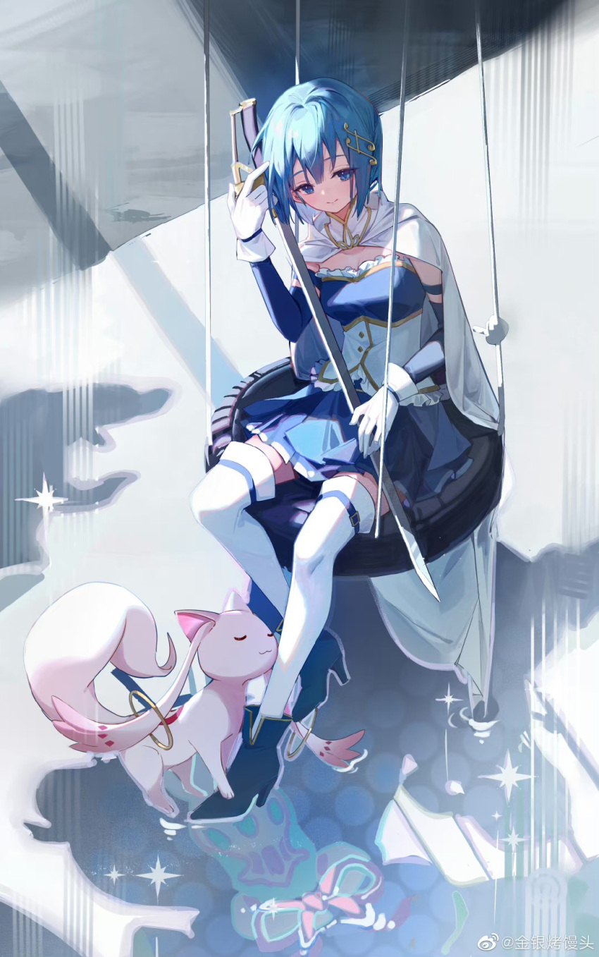 1girl abstract_background blue_eyes blue_footwear blue_hair blue_skirt bodice cape creature detached_sleeves frills from_above full_body hair_ornament hand_up high_heels highres holding holding_sword holding_weapon jinyin_kao_mantou kyubey magical_girl mahou_shoujo_madoka_magica miki_sayaka musical_note musical_note_hair_ornament oktavia_von_seckendorff short_hair sitting skirt smile solo sparkle swing sword thigh-highs tire_swing weapon weibo_logo weibo_username white_blood white_cape white_thighhighs