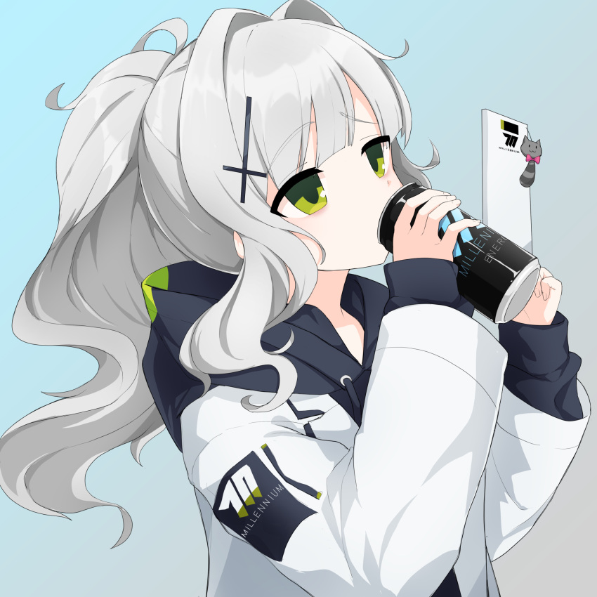 1girl blue_archive can energy_drink green_eyes grey_hair grey_hoodie hair_ornament hairpin halo hare_(blue_archive) highres holding holding_can hood hoodie jakomurashi looking_at_viewer ponytail solo