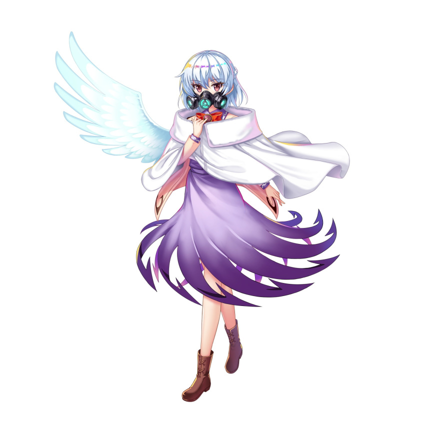 1girl boots bow bowtie braid brown_eyes brown_footwear capelet dress french_braid full_body game_cg highres kishin_sagume kishin_sagume_(truth_temple_of_legitimacy_and_integrity) long_sleeves looking_at_viewer mask mouth_mask purple_dress red_bow red_bowtie rotte_(1109) simple_background single_wing solo third-party_source touhou touhou_lost_word white_background white_capelet white_wings wings