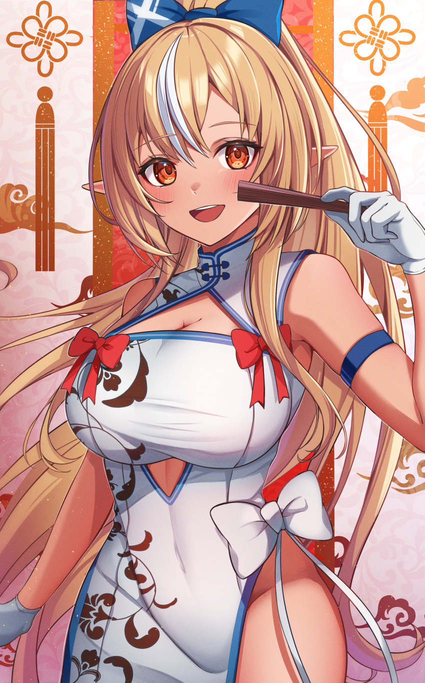 1girl absurdres arm_strap blonde_hair blue_ribbon blush chameleon_(chameleon0613) china_dress chinese_clothes cleavage_cutout clothing_cutout covered_navel dress floral_print gloves hair_ribbon hand_fan high_ponytail highres hololive long_hair looking_at_viewer multicolored_hair open_mouth pointy_ears red_eyes red_ribbon ribbon shiranui_flare smile solo streaked_hair white_dress white_gloves white_hair white_ribbon