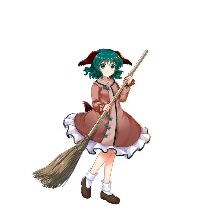 1girl animal_ears bamboo_broom broom brown_dress brown_footwear closed_mouth dog_ears dog_tail dress full_body game_cg green_eyes green_hair highres holding holding_broom kasodani_kyouko long_sleeves looking_at_viewer rotte_(1109) short_hair simple_background smile socks solo tail third-party_source touhou touhou_lost_word white_background white_socks