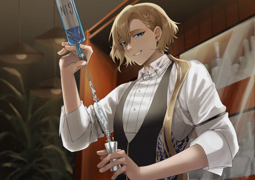 1boy alcohol bartender between_fingers black_ribbon black_vest blonde_hair blue_eyes bottle braid collared_shirt cup earrings french_braid gin_(girls'_frontline_nc) girls'_frontline_neural_cloud grin hair_behind_ear hair_between_eyes hair_over_shoulder hair_ribbon hanging_light highres holding holding_bottle holding_cup indoors jewelry long_hair looking_at_viewer low_ponytail male_focus mole mole_under_eye pecora_(udpf2448) plant pouring ribbon shelf shirt sleeve_garter sleeves_rolled_up smile solo stud_earrings upper_body vest white_shirt