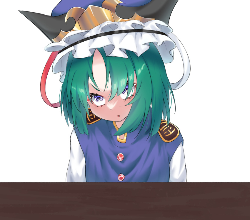 1girl alternate_eye_color angry black_headwear blue_headwear blue_vest buttons commentary english_commentary epaulettes flat_chest frilled_hat frills gazter green_hair hair_between_eyes hat highres looking_at_viewer medium_bangs open_mouth parted_bangs shiki_eiki shirt short_hair simple_background solo table touhou upper_body v-shaped_eyebrows vest violet_eyes white_background white_shirt