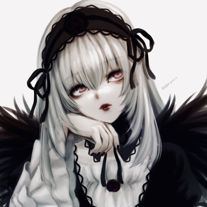 1girl black_dress black_nails black_wings dress expressionless flower frilled_sleeves frills gothic_lolita grey_hair hairband head_rest highres juliet_sleeves kiru_(m_putorius) lolita_fashion lolita_hairband long_hair long_sleeves looking_up pink_eyes puffy_sleeves red_lips rose rozen_maiden simple_background solo suigintou upper_body white_background wide_sleeves wings